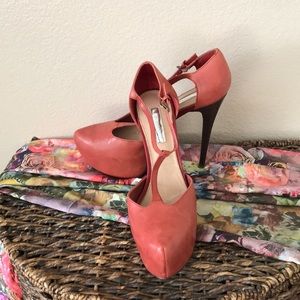 Salmon t-strap heels